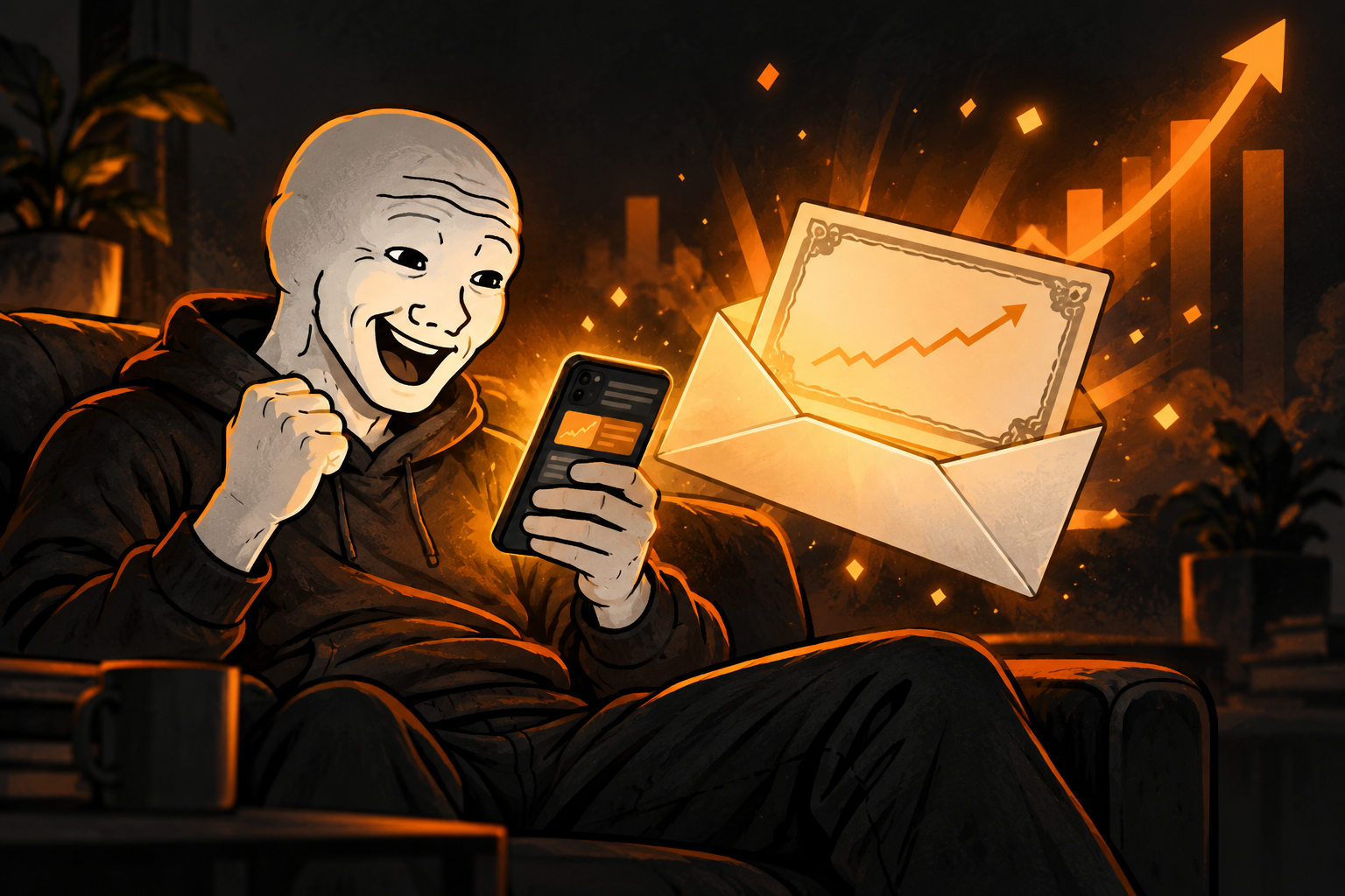 Wojak-style holder celebrates receiving Reddit stock, with a phone and stock certificate