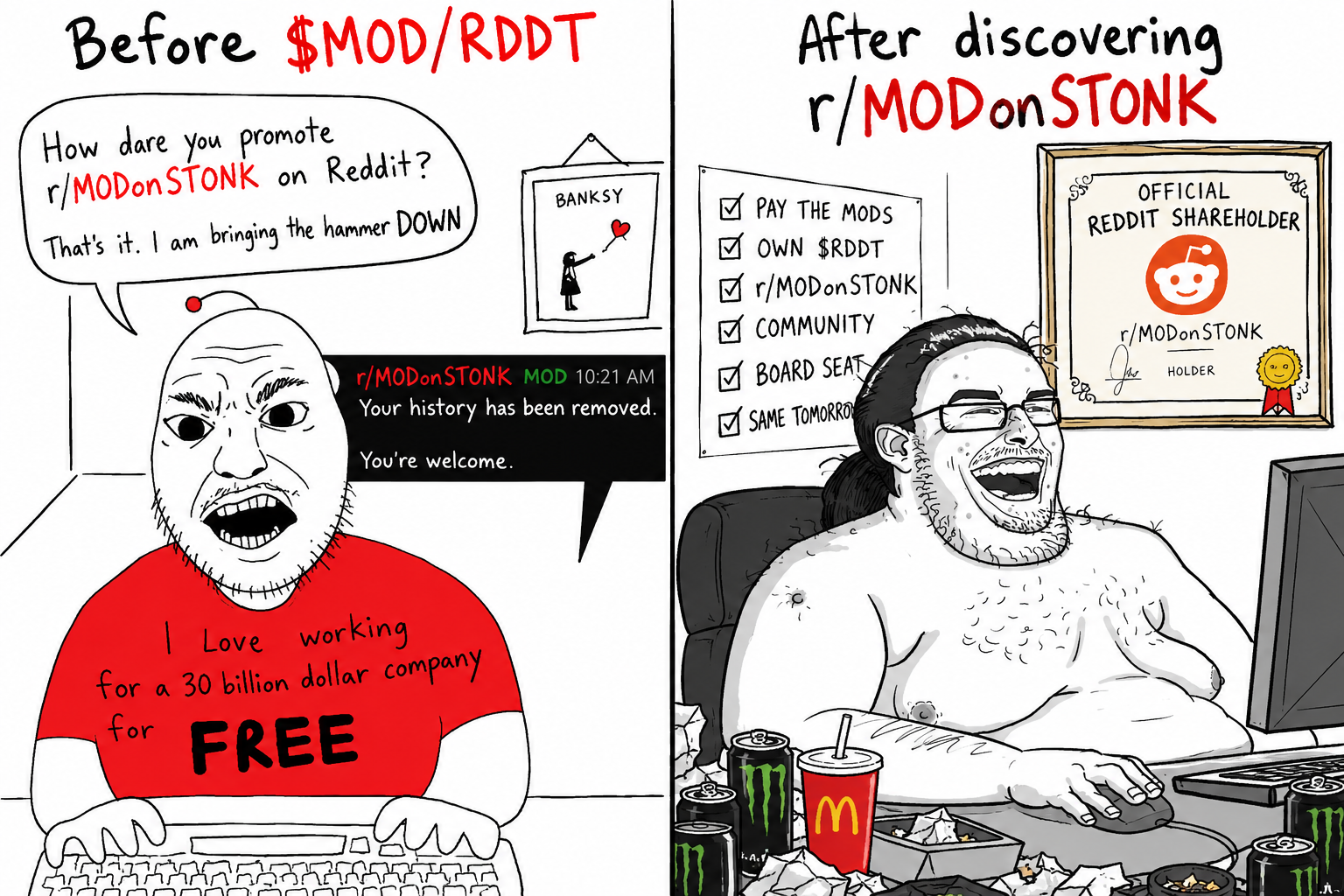 Before and after meme: an angry moderator before $MOD/RDDT and a celebrating holder after discovering r/MODonSTONK