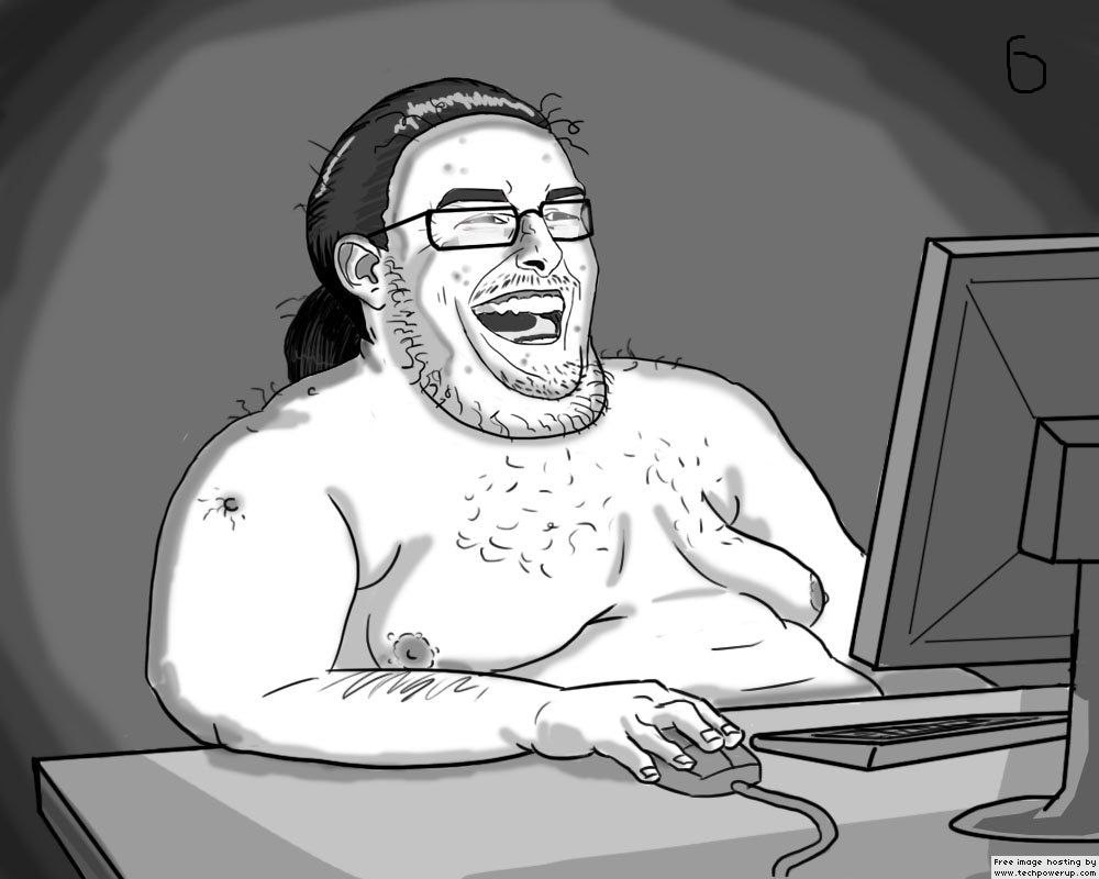Original smiling moderator meme at a computer